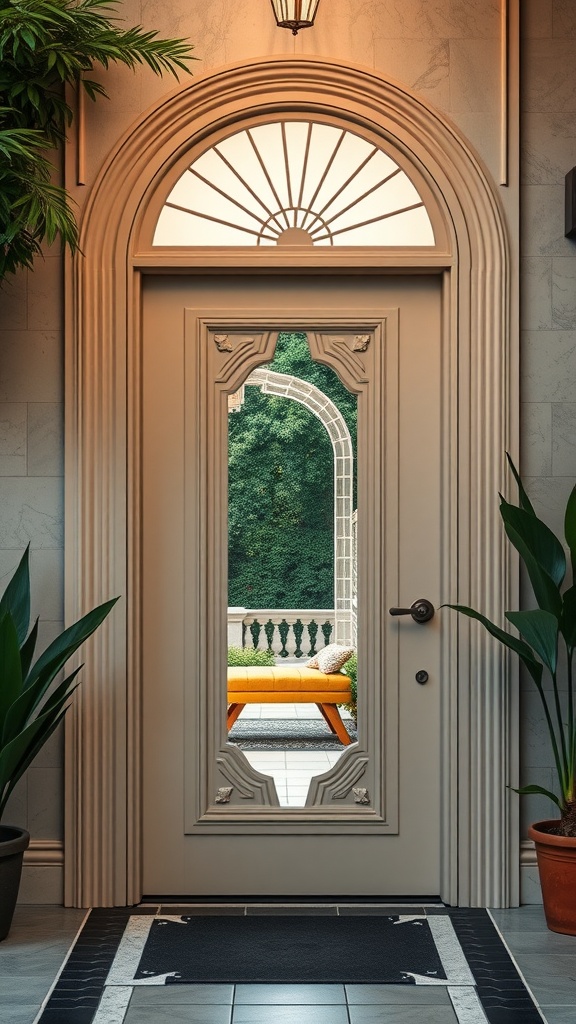 An elegant Art Deco door featuring a sunburst design, open to a garden view with a yellow bench and lush greenery.
