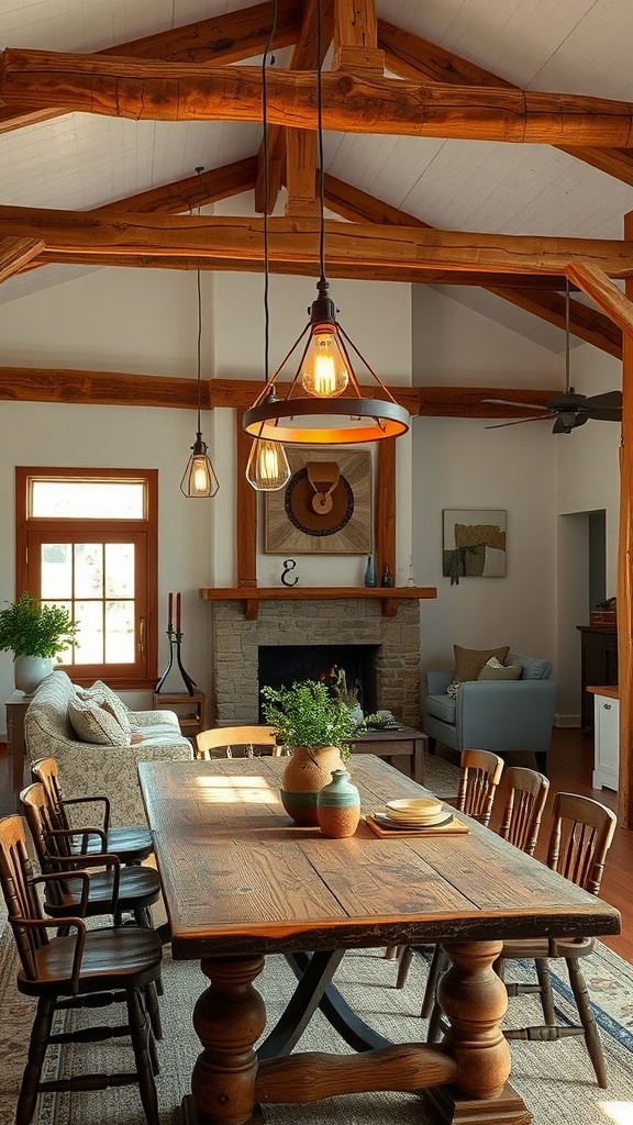 A ranch-style living room with rustic artisan lighting fixtures hanging over a wooden dining table.