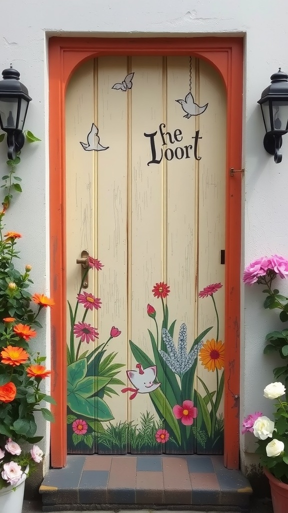 A hand-painted door featuring garden scenes with colorful flowers and birds