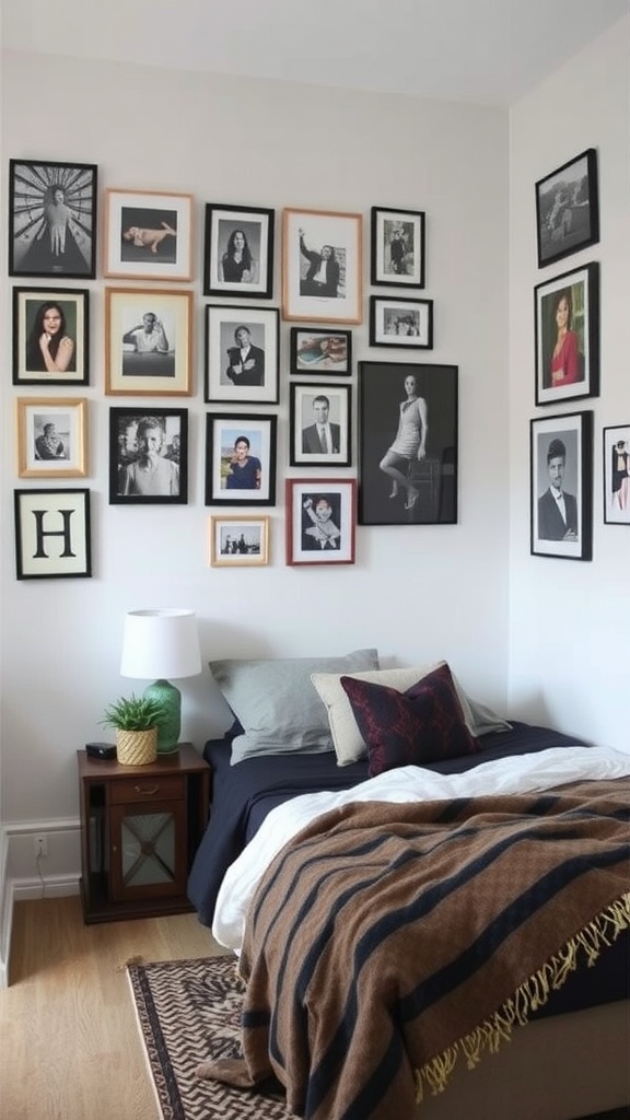 A small bedroom featuring an art wall with framed photos, a cozy bed, and a nightstand