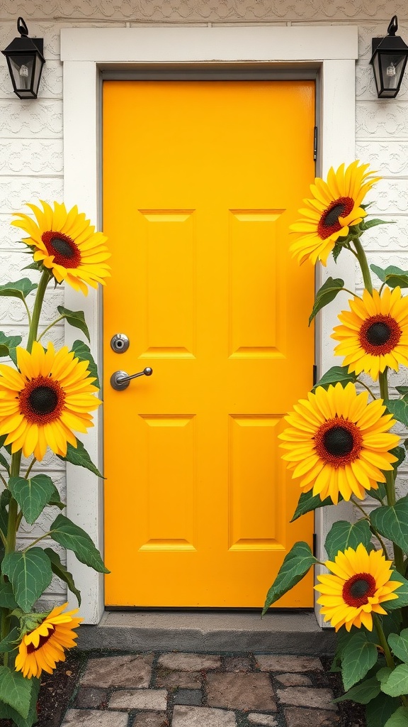 A bright yellow door surrounded by tall sunflowers, creating a cheerful entrance.