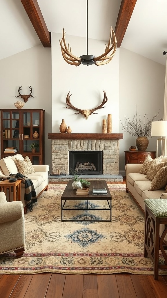 A cozy ranch-style living room featuring antler decorations, a stone fireplace, and comfortable seating.