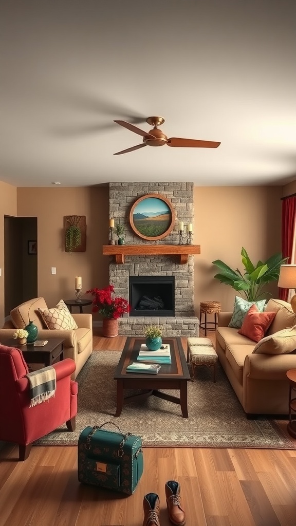 A cozy ranch-style living room featuring a stone fireplace, warm colors, and rustic decor.