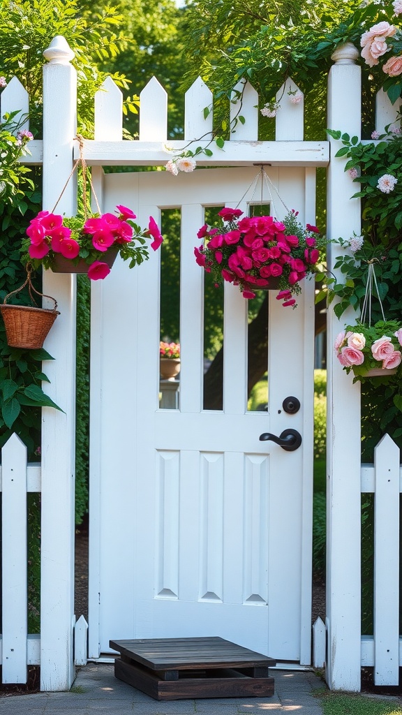 A classic white picket door framed by vibrant flower baskets in a garden setting.
