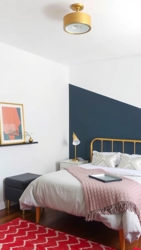 A small bedroom featuring a blue accent wall, gold bed frame, and a pink throw blanket.