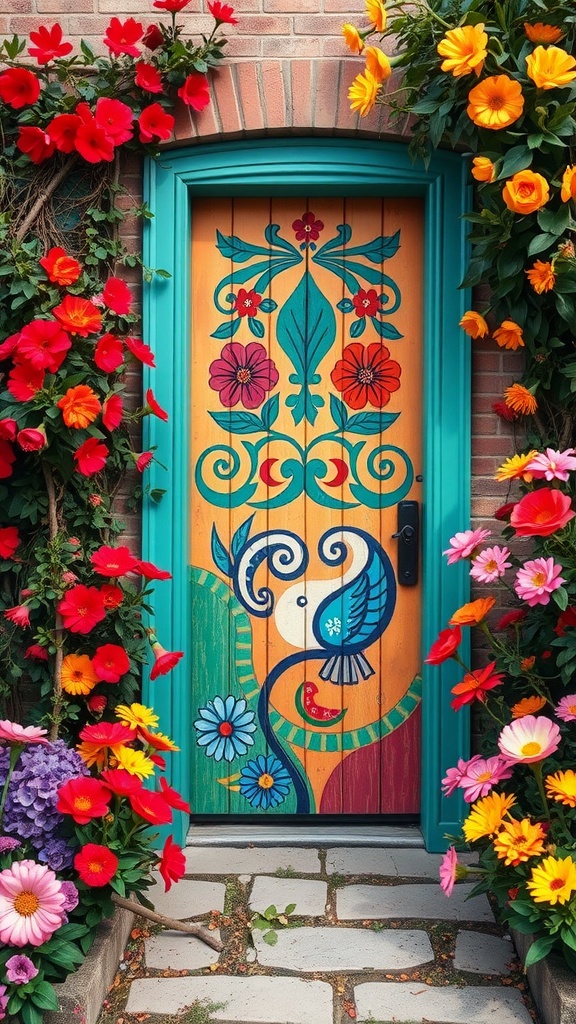 A colorful painted door with a mosaic design surrounded by blooming flowers.