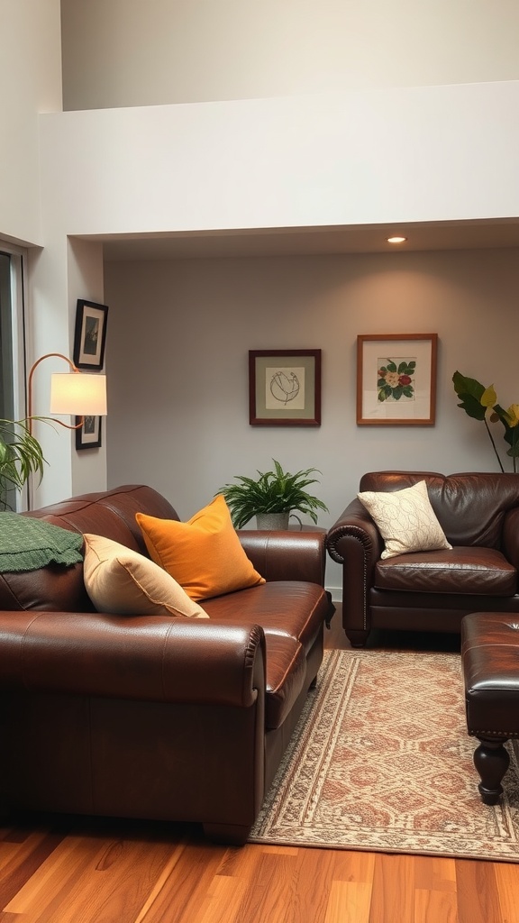 Comfortable leather furniture in a ranch-style living room, featuring a brown leather couch, armchair, decorative pillows, and a patterned rug.