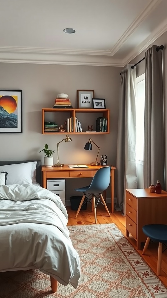 Cozy bedroom workspace with desk, chair, and shelves