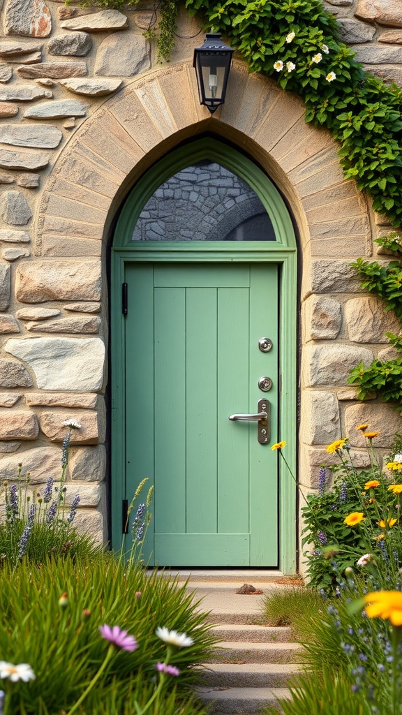 A green cottage-style door set in a stone archway surrounded by flowers and greenery.