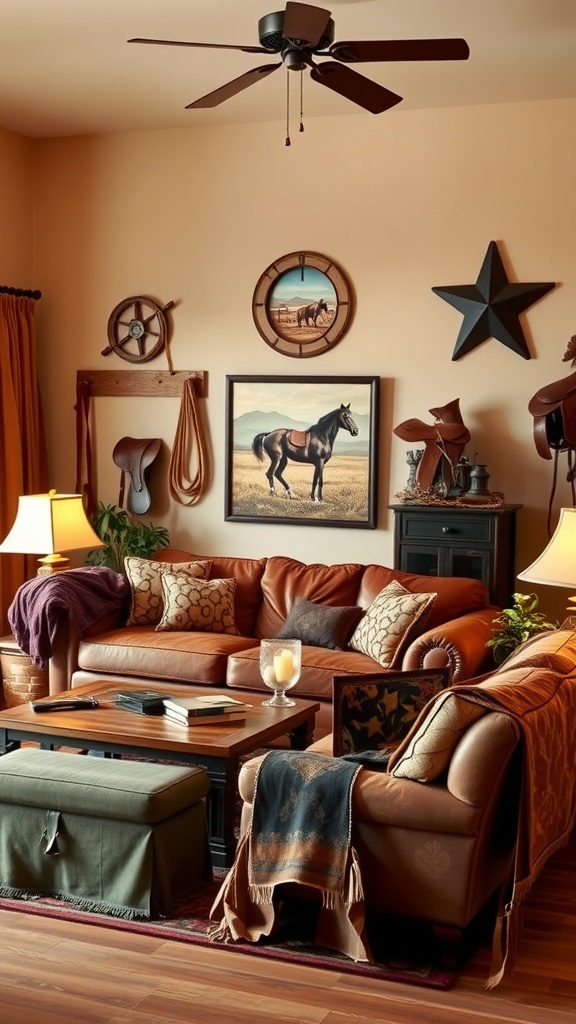 Cozy ranch-style living room with cowboy-inspired decor, featuring leather couch, rustic wall art, and warm lighting.