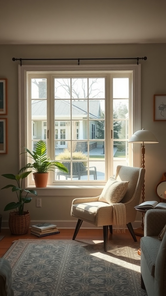Cozy reading nook with a view featuring a comfortable chair, lamp, and a large window