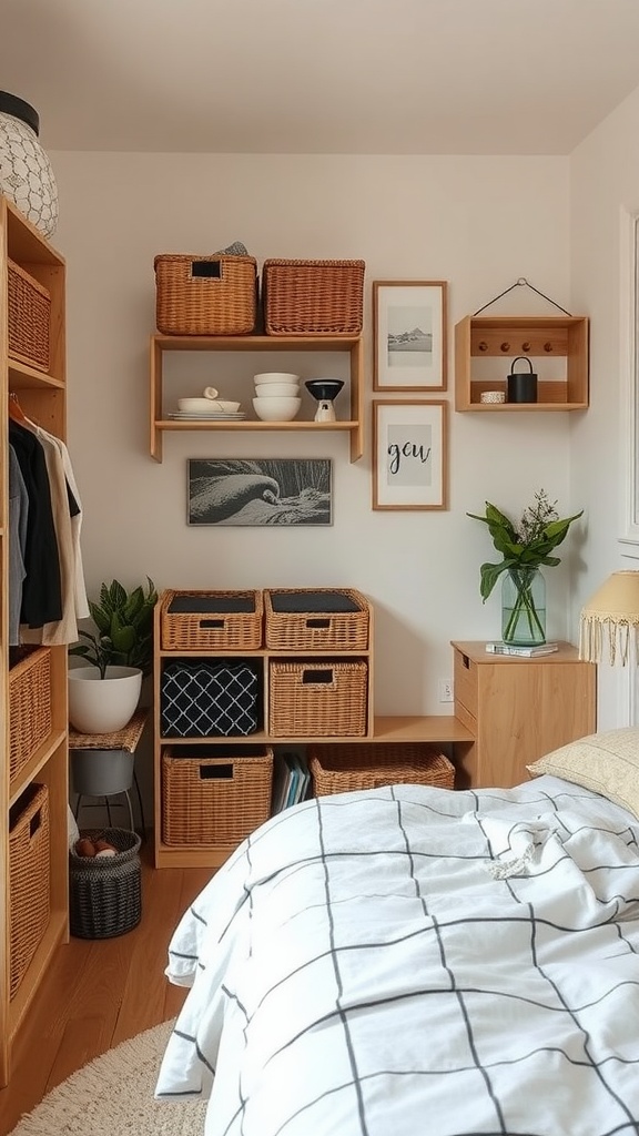 Cozy small bedroom with creative storage solutions including baskets and shelves.
