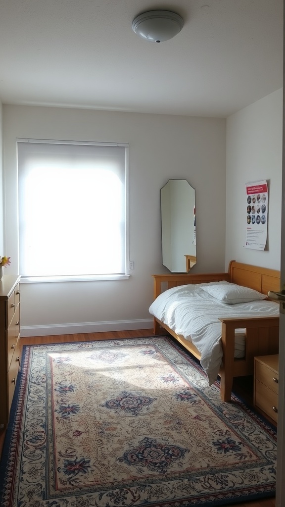 A small bedroom with a bed, wooden furniture, and a decorative rug