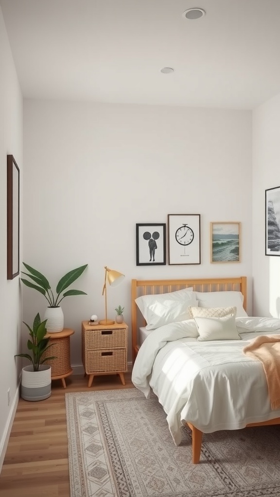 A minimalistic bedroom featuring a bed with white linens, woven nightstands, wall art, and plants.