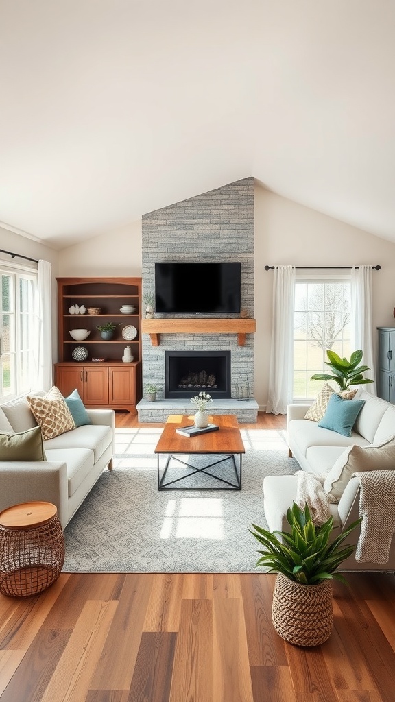 Family-friendly ranch style living room with neutral sofas, wooden accents, and a modern fireplace.