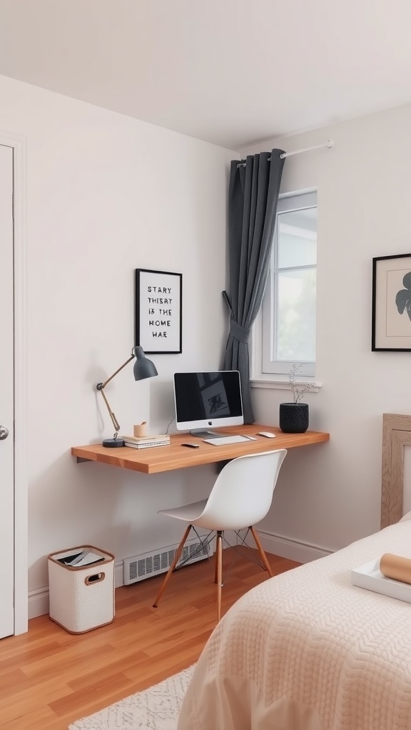 A small bedroom featuring a floating desk setup with a computer, lamp, and decorative items