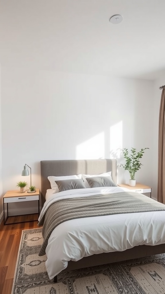 A minimalist bedroom featuring a bed, floating nightstands, and natural decor.