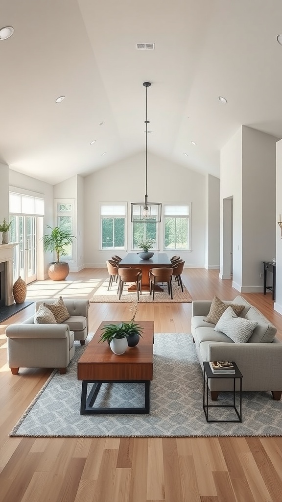 Spacious ranch-style living room with open floor plan, featuring a seating area and dining space.