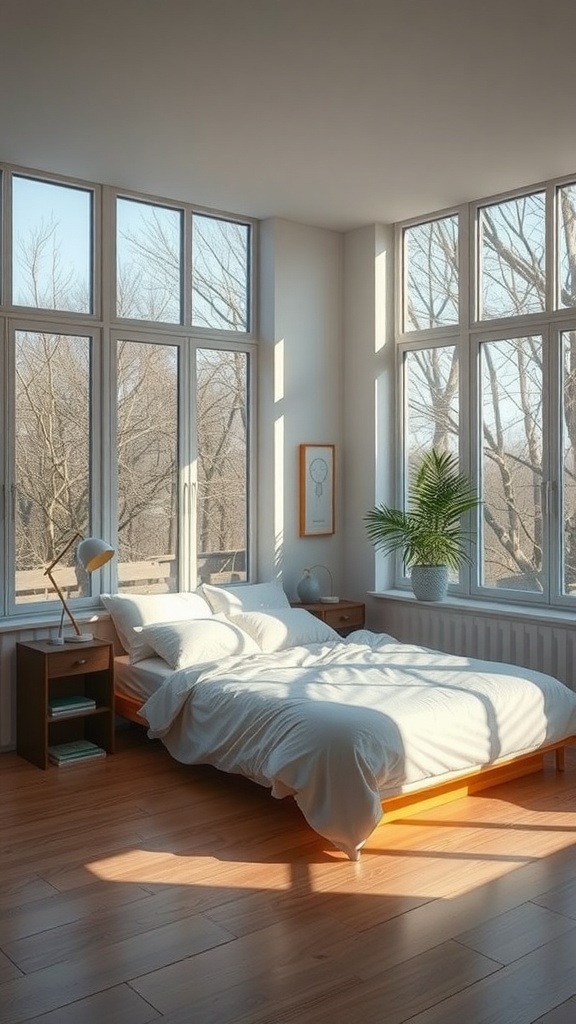 A bright, cozy bedroom with large windows and natural light streaming in, featuring a bed, side tables, and a plant.