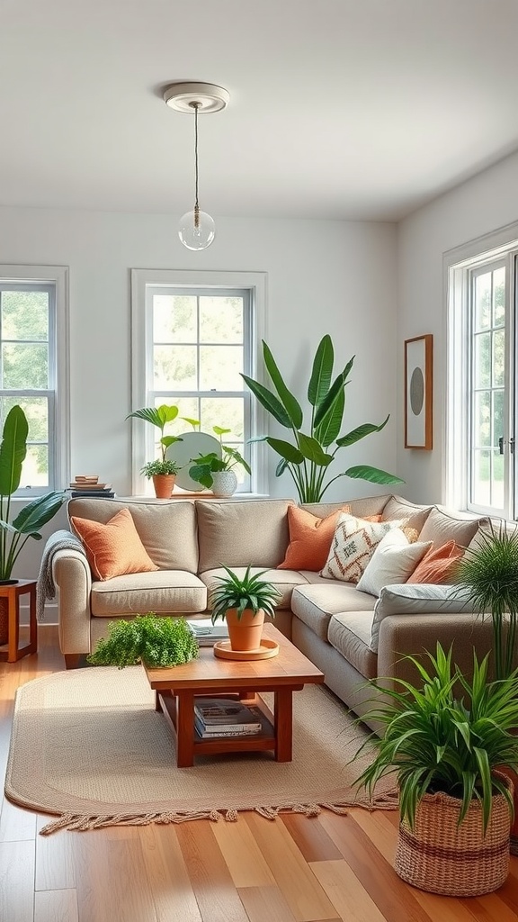 A stylish ranch-style living room featuring a cozy sofa, indoor plants, and a warm color palette.