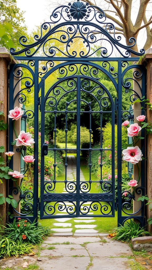 An intricate dark blue iron gate adorned with floral motifs, leading into a lush garden.