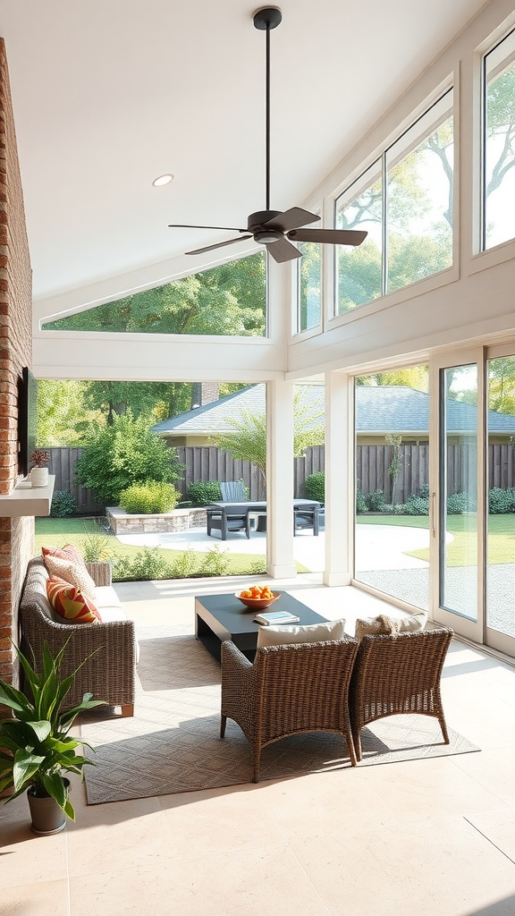Bright and inviting ranch style living room with large windows and comfortable seating, connecting to an outdoor area.