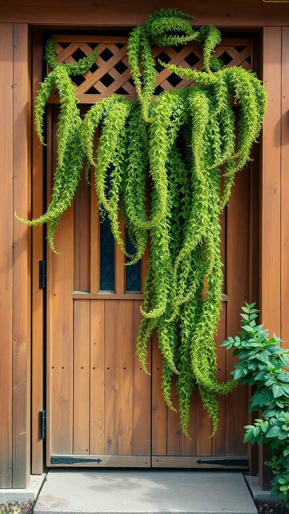 A wooden lattice door adorned with green hanging ferns.