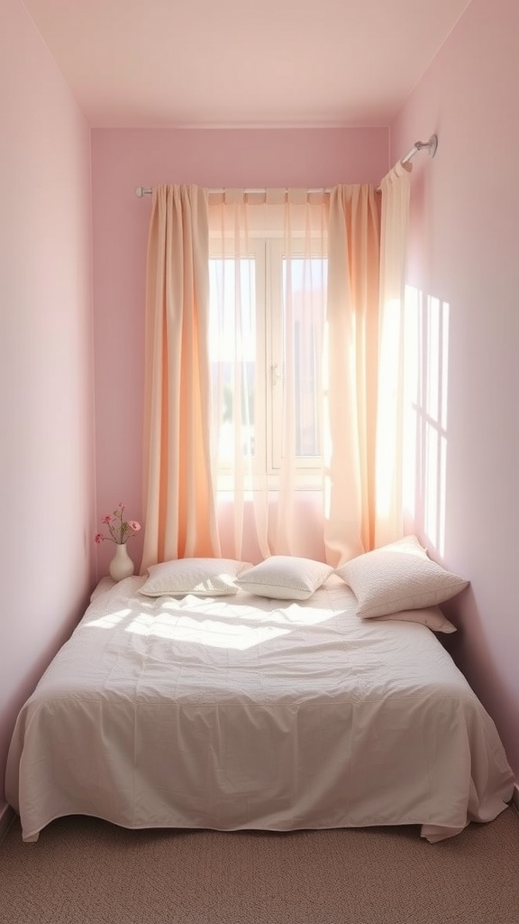 Cozy small bedroom with light pink walls, a bed with white bedding, and soft curtains letting in sunlight.