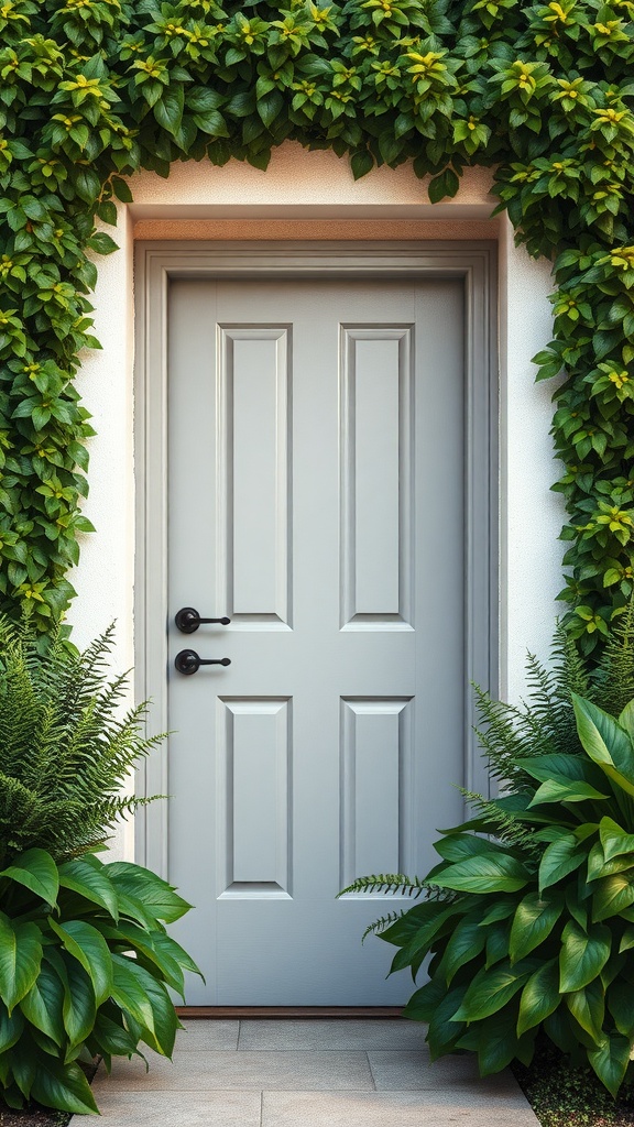 A simple grey door framed by lush green plants and vines