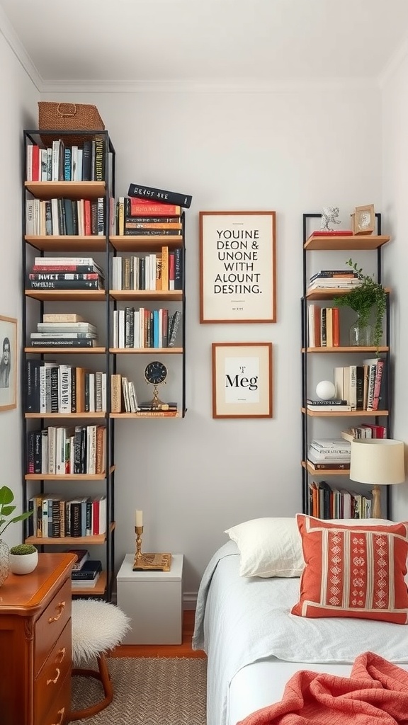 A cozy small bedroom with well-organized vertical shelves filled with books and decorative items.