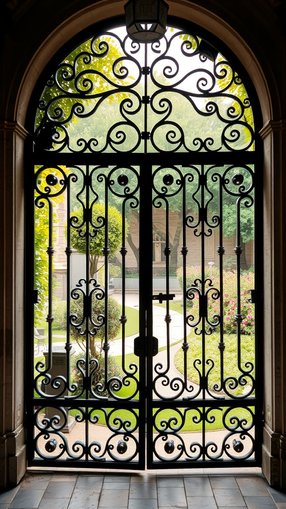 A metal gate with ornate filigree design, revealing a glimpse of a beautiful garden.