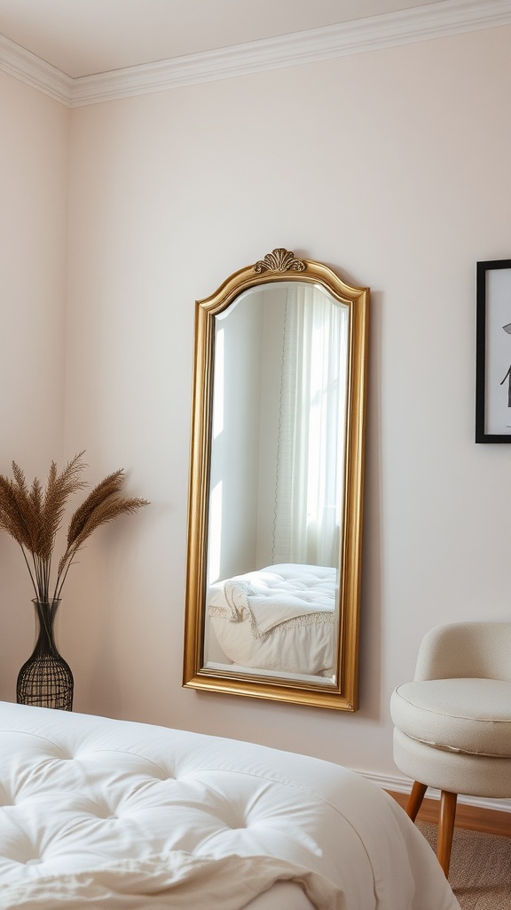 A stylish large mirror with a golden frame reflecting light in a small bedroom