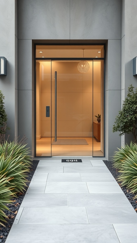 A modern glass panel door with a minimalist frame, leading into a well-lit interior and flanked by greenery.