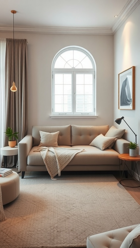 A cozy living room with a light-colored sofa, a round coffee table, and large windows, showcasing a multi-functional furniture arrangement.