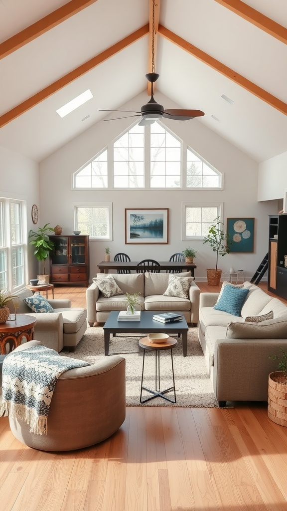 A spacious ranch-style living room with light wooden floors, a high ceiling, and comfortable seating arranged for gatherings.