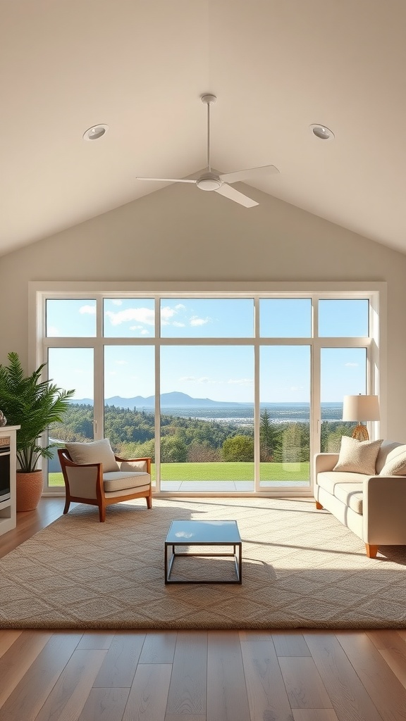 A bright and spacious ranch-style living room with large windows showing a scenic view.