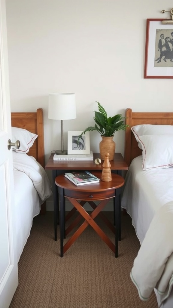 A cozy bedroom featuring two beds with a nesting table between them, adorned with a lamp, a plant, and books.