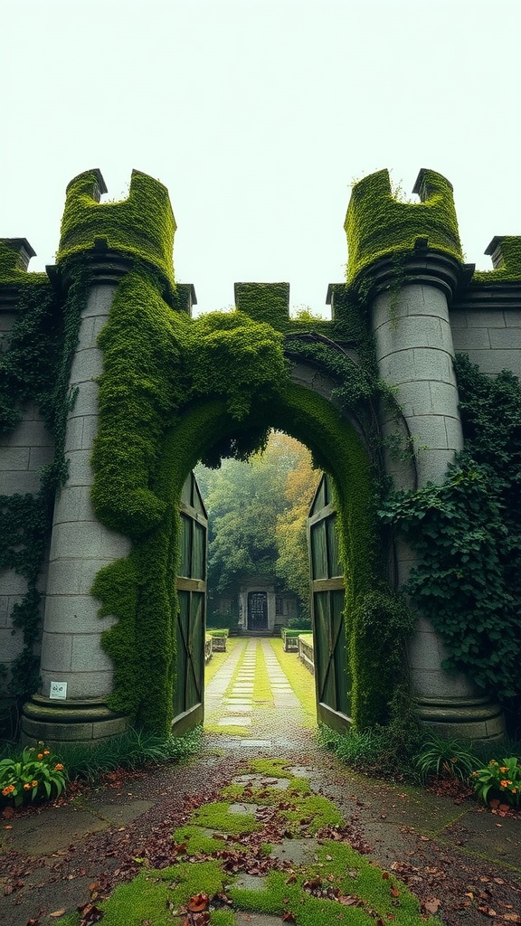 An old castle gate covered in moss, leading to a lush garden pathway.