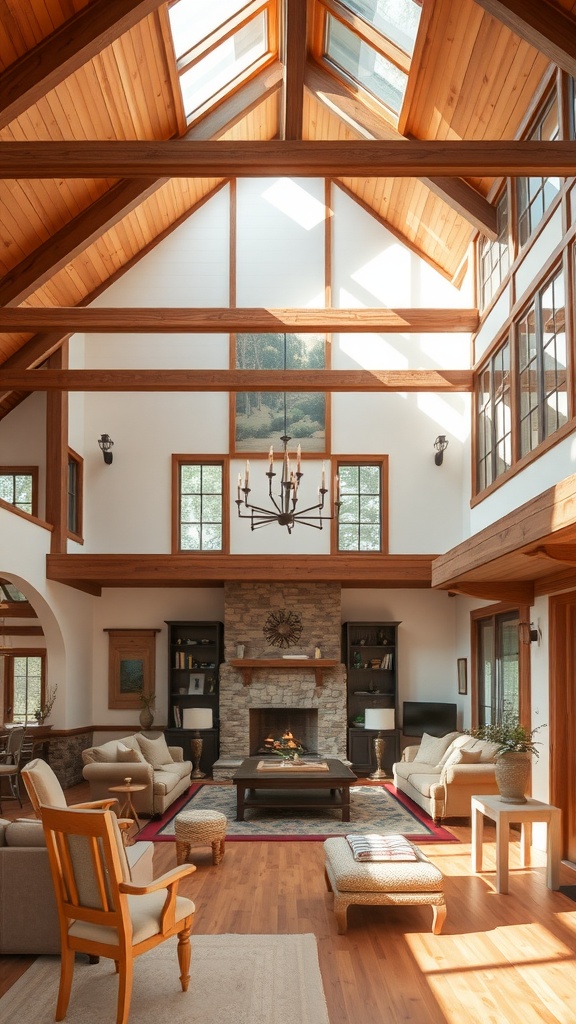 A spacious ranch-style living room featuring rustic wood beams, high ceilings, and natural light.