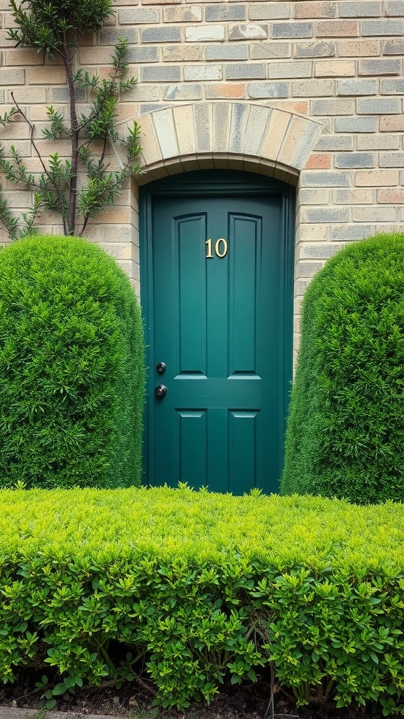 A green door numbered 10, nestled between two round, trimmed hedges, creating a hidden entrance in a garden.