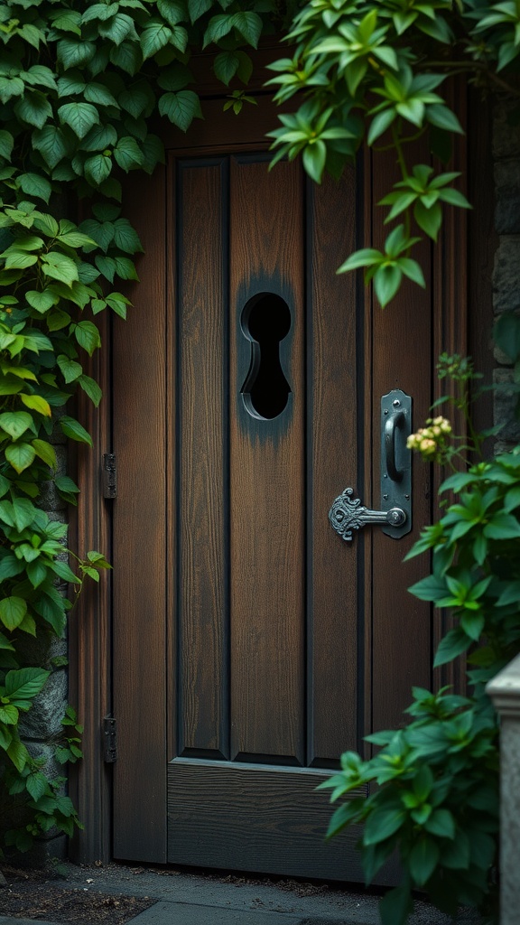 A wooden garden door with a keyhole, surrounded by green foliage.