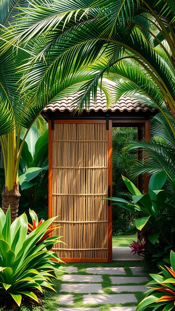 A sliding bamboo door set in a tropical garden surrounded by lush plants and greenery.