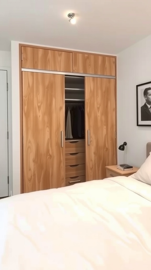 A small bedroom featuring a wardrobe with sliding wooden doors