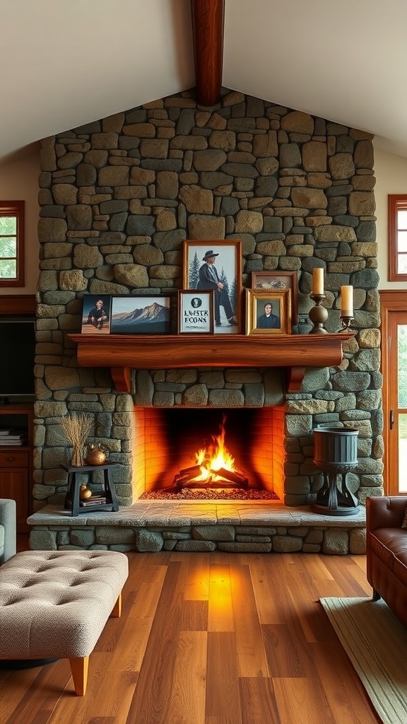A cozy ranch-style living room featuring a stone fireplace with family photos and candles on the mantel.