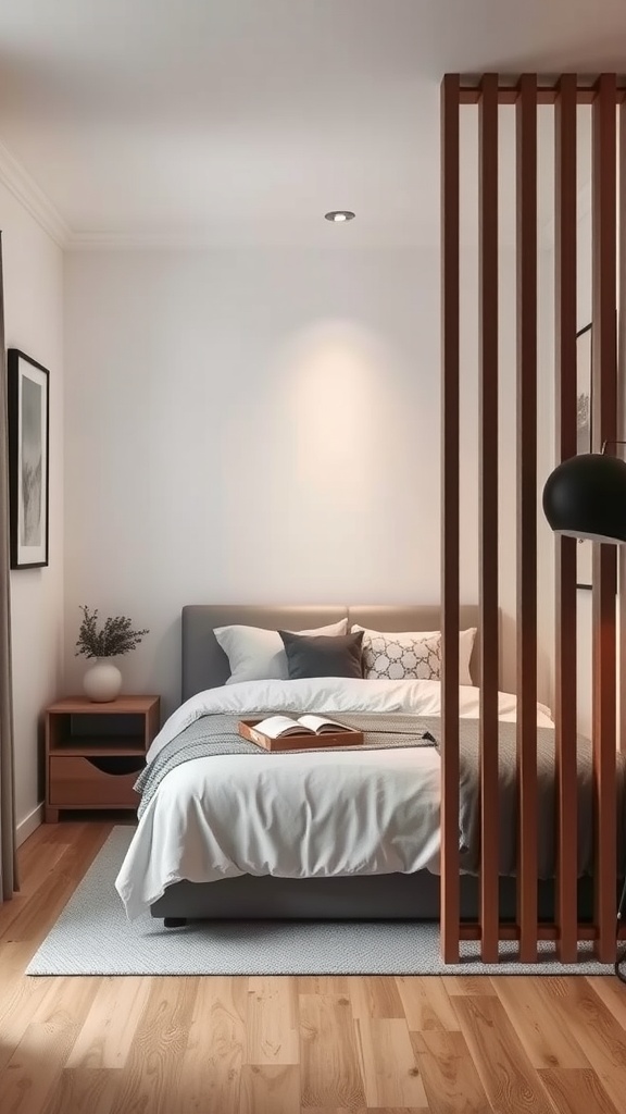 A modern bedroom featuring a wooden room divider for privacy.