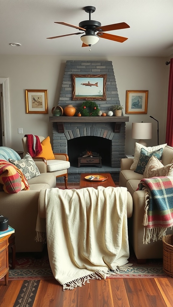 A cozy ranch-style living room featuring textured fabrics and throws