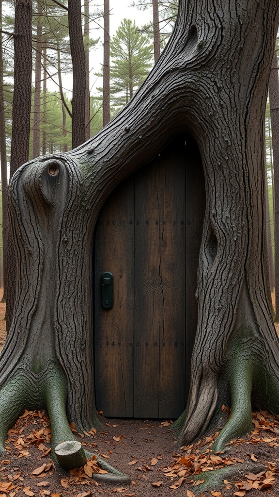 A twisted tree trunk with a wooden door integrated into it, surrounded by a forest and fallen leaves.