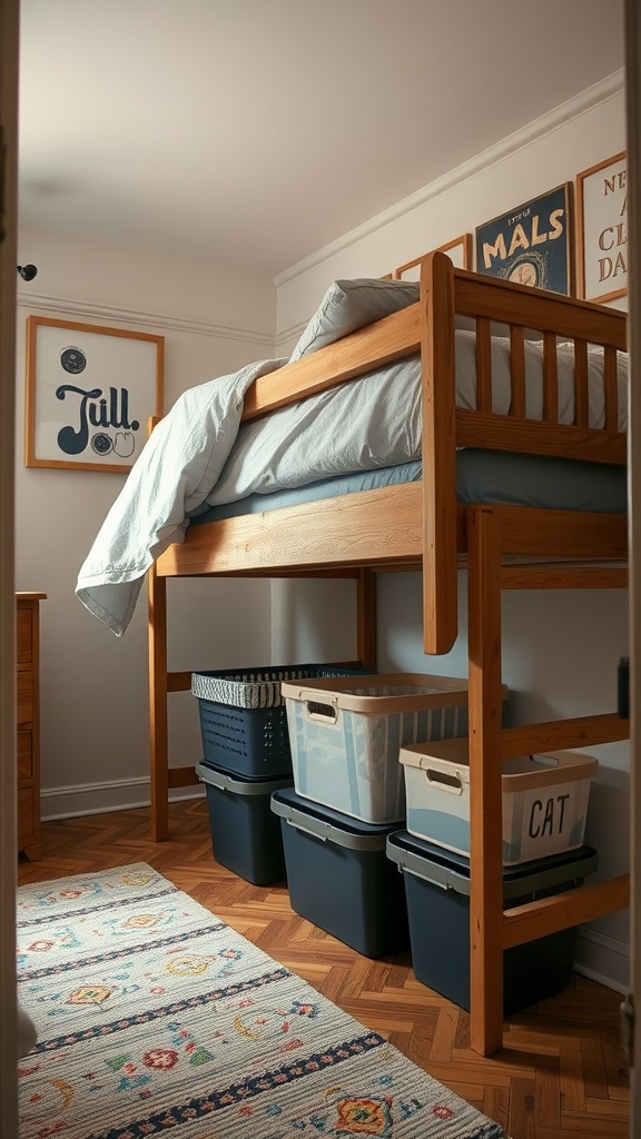 Cozy small bedroom with a lofted bed and organized under-bed storage bins.