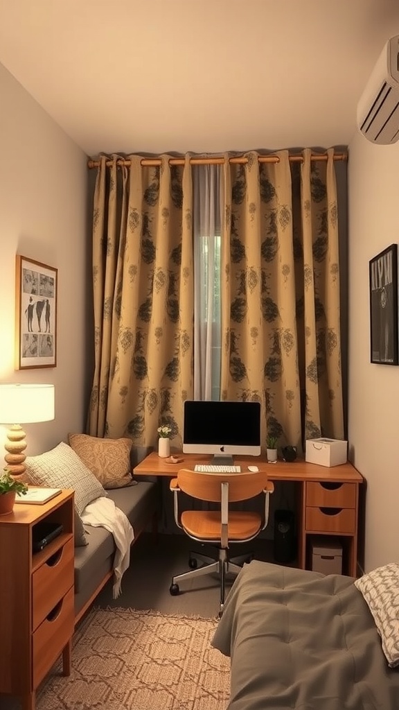 A cozy small bedroom with curtains dividing a workspace from a sleeping area.