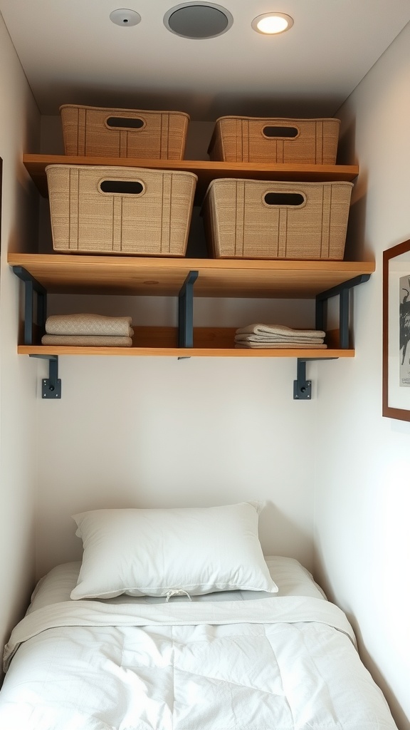 A small bedroom with overhead storage bins on shelves above a bed.